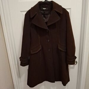 DKNY M Chocolate Brown Wool Cashmere Button-Front Classic Peacoat Coat